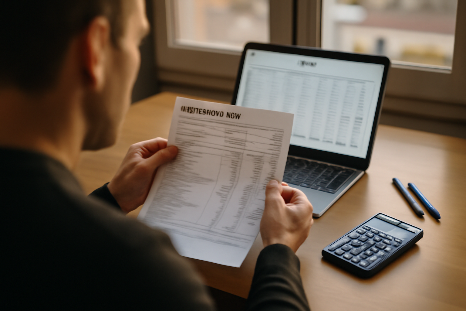Calcul 45000 brut en net sur un bulletin de paie en France, personne consultant un document au bureau, lumière naturelle