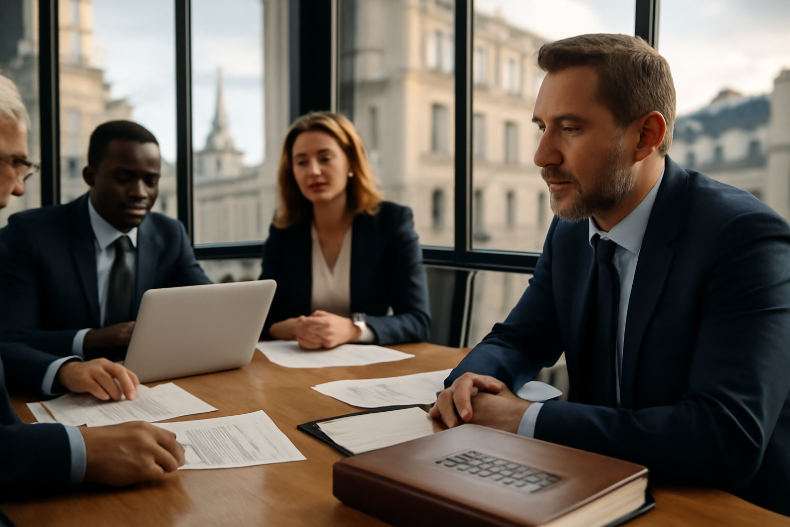 alternative investments club : réunion d’investisseurs autour d’un dossier d’investissement sur une table en bois, documents et ordinateur portable, lumière naturelle, ambiance professionnelle