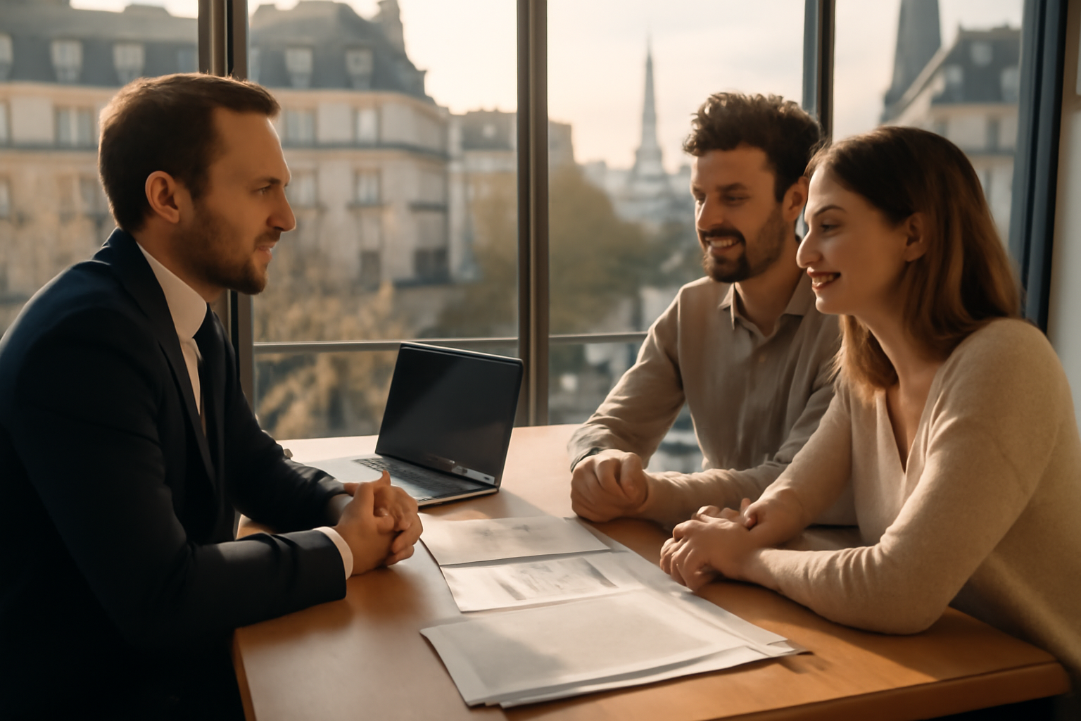 arkea banque privée : conseiller patrimonial en rendez-vous dans un bureau lumineux