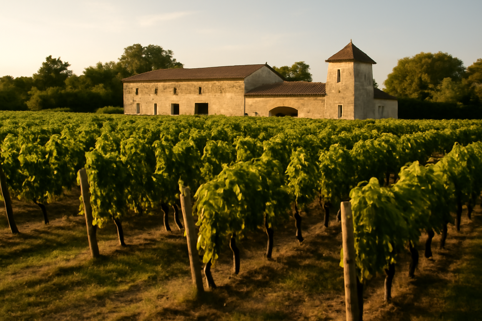 Bernard d'ormale fortune : vue extérieure d'un domaine viticole français avec bâtiments et rangées de vignes, lumière de fin d'après-midi