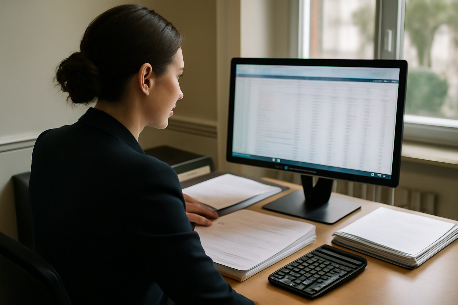 Comptable taxateur en étude notariale vérifiant des calculs et des écritures sur écran, dossiers papier et lumière de bureau