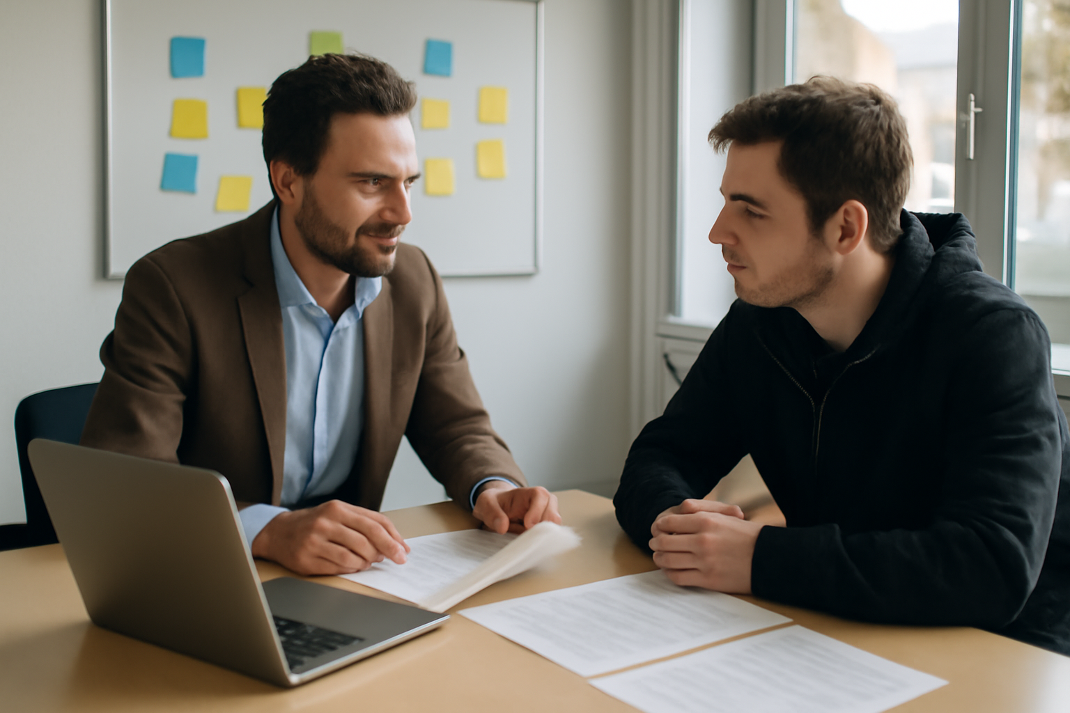 formation pôle emploi reconversion : conseiller France Travail et demandeur d’emploi autour d’un dossier de projet de reconversion, salle lumineuse, documents et ordinateur