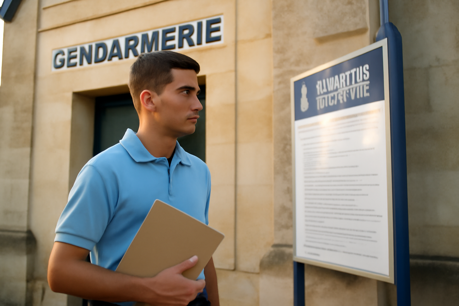 gendarme adjoint volontaire salaire : jeune recrue en tenue devant un bâtiment de la gendarmerie, lumière de fin d’après-midi, photo réaliste