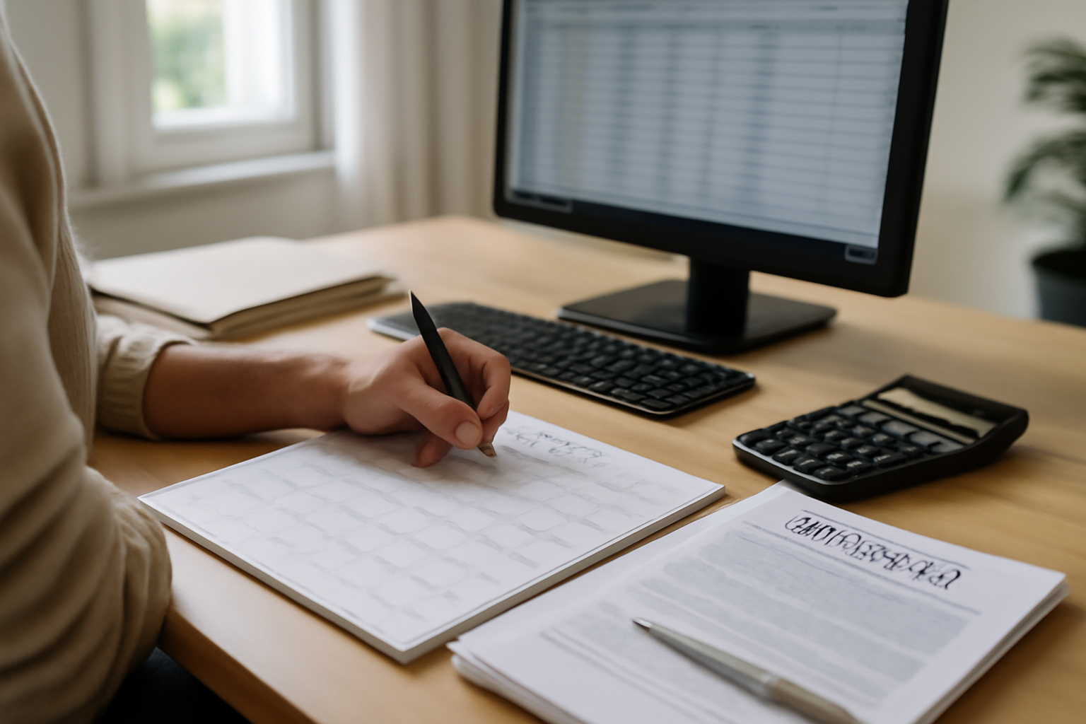 Feuille de calcul et calendrier de liquidation des pensions, ambiance bureau avec documents retraite