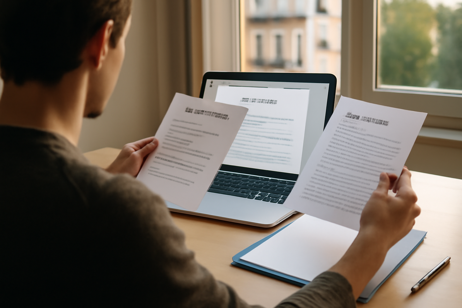 Profession intermédiaire : vérification de la PCS INSEE sur un ordinateur, documents administratifs et fiche de poste sur une table