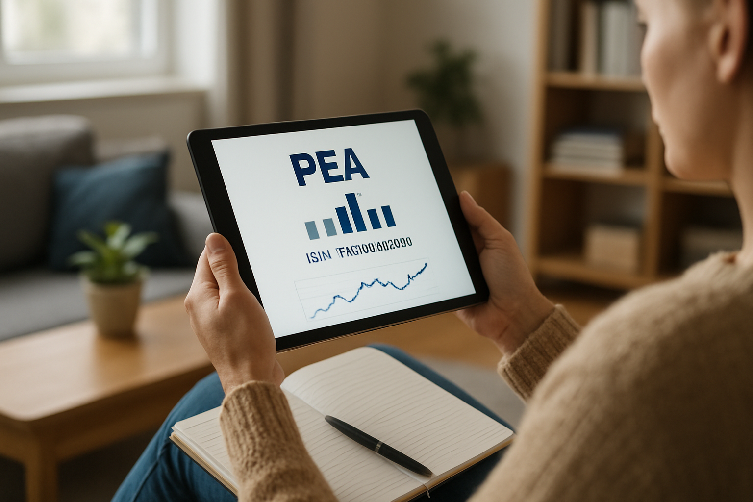 Personne consultant un site d’information financière pour vérifier l’éligibilité PEA d’un ETF, ambiance calme à domicile