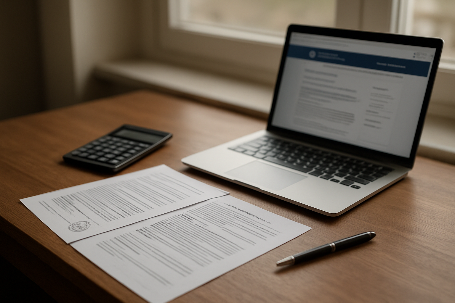 Consultation de documents de déclaration patrimoniale sur un bureau, documents officiels et calculatrice