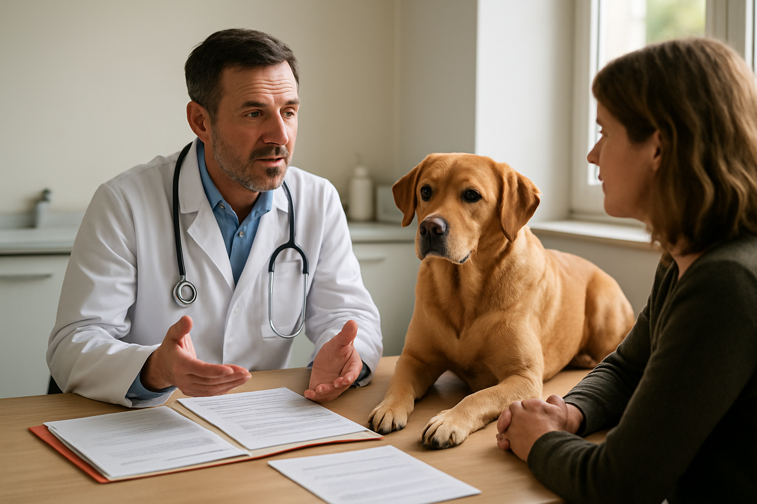 Chien et vétérinaire consultant des factures pour une assurance animaux