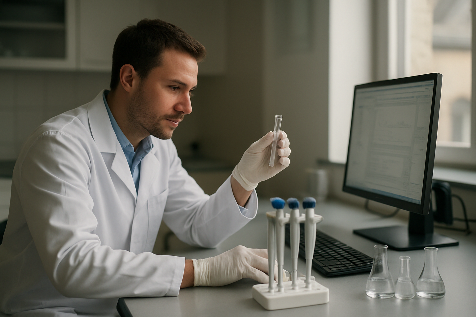 Technicien de laboratoire analysant un échantillon, lumière naturelle, blouse blanche