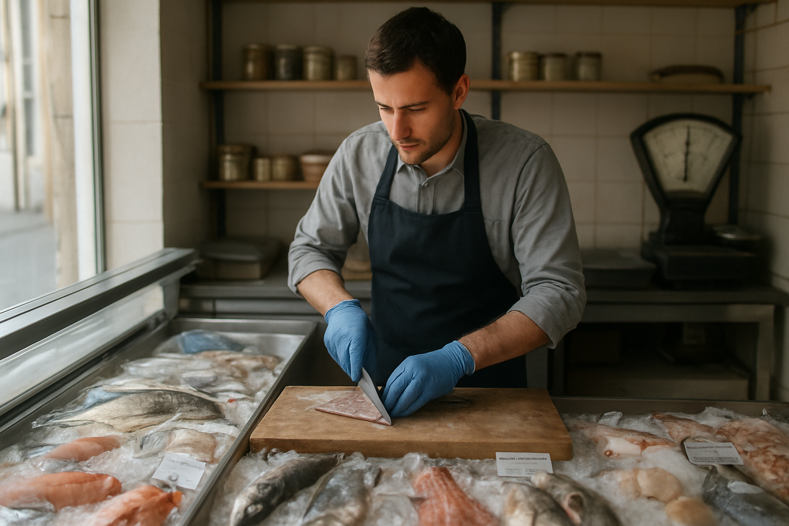 Poissonnier préparant des poissons sur un comptoir réfrigéré, avec gants et étiquettes de traçabilité, lumière naturelle de matin