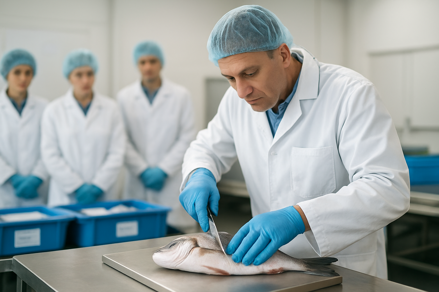 Atelier de formation en poissonnerie : démonstration de filetage sur planche, gants et blouse, étiquettes de lots