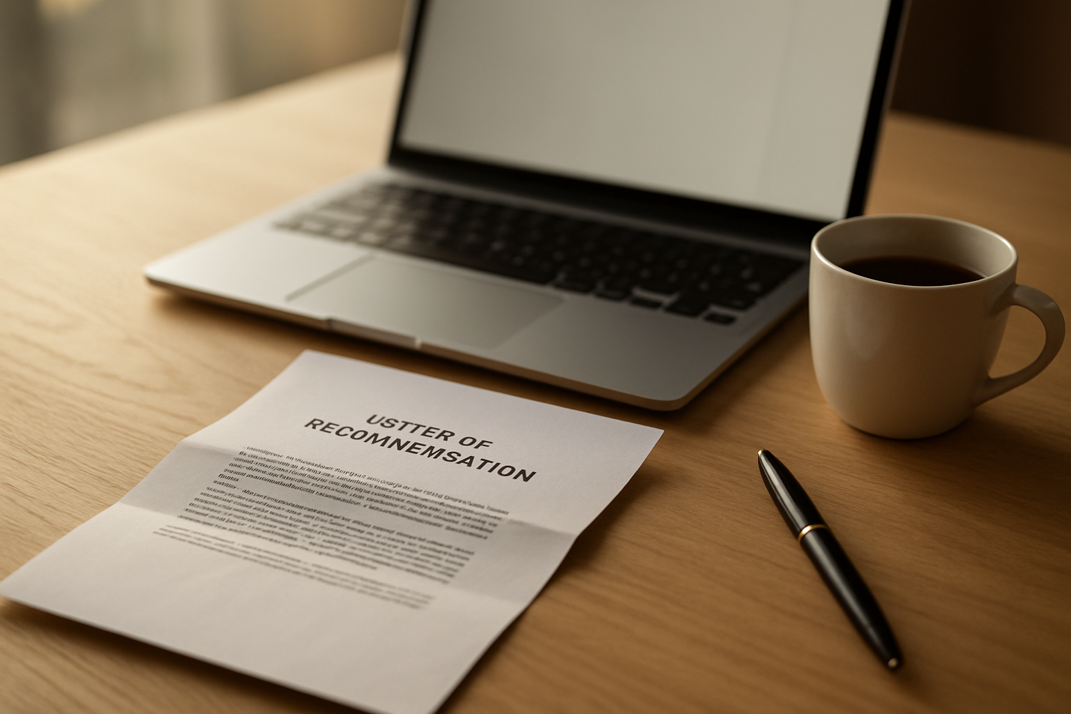 Lettre de recommandation imprimée sur un bureau avec un stylo et un ordinateur portable, lumière naturelle