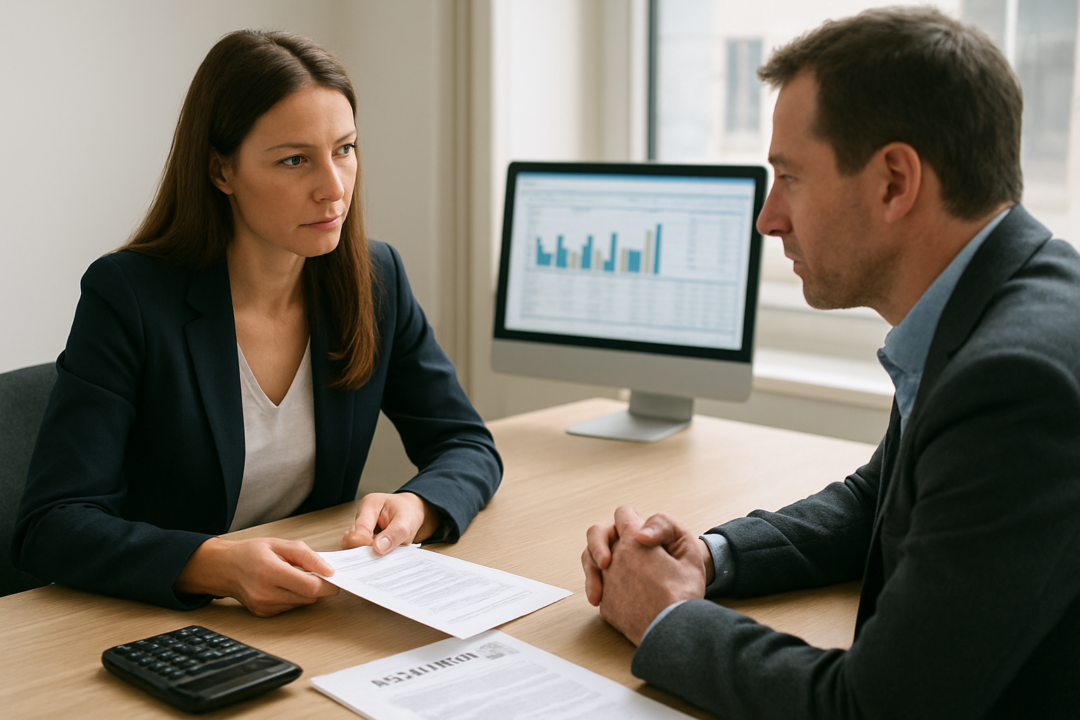 Conseiller en assurance vie expliquant sur un écran le calcul des prélèvements sociaux sur assurance-vie, documents et calculatrice sur une table, lumière naturelle
