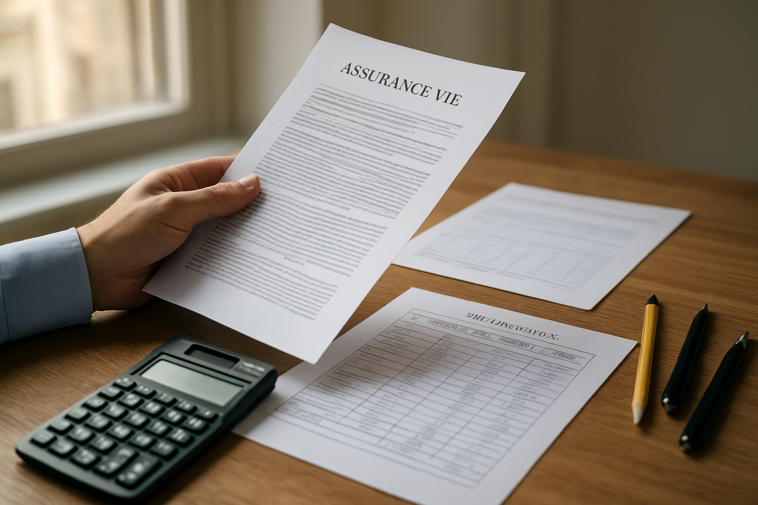 Tableau papier de calcul fiscal et documents d’assurance vie sur un bureau avec stylos, calculatrice et lumière du matin