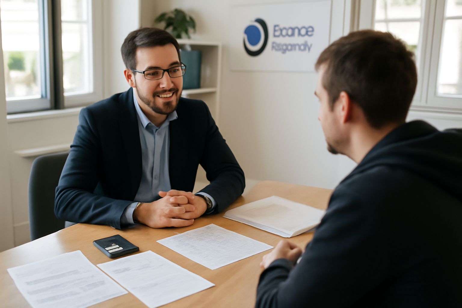 Conseiller France Travail sur un bureau avec des bulletins de salaire et un calendrier de versement