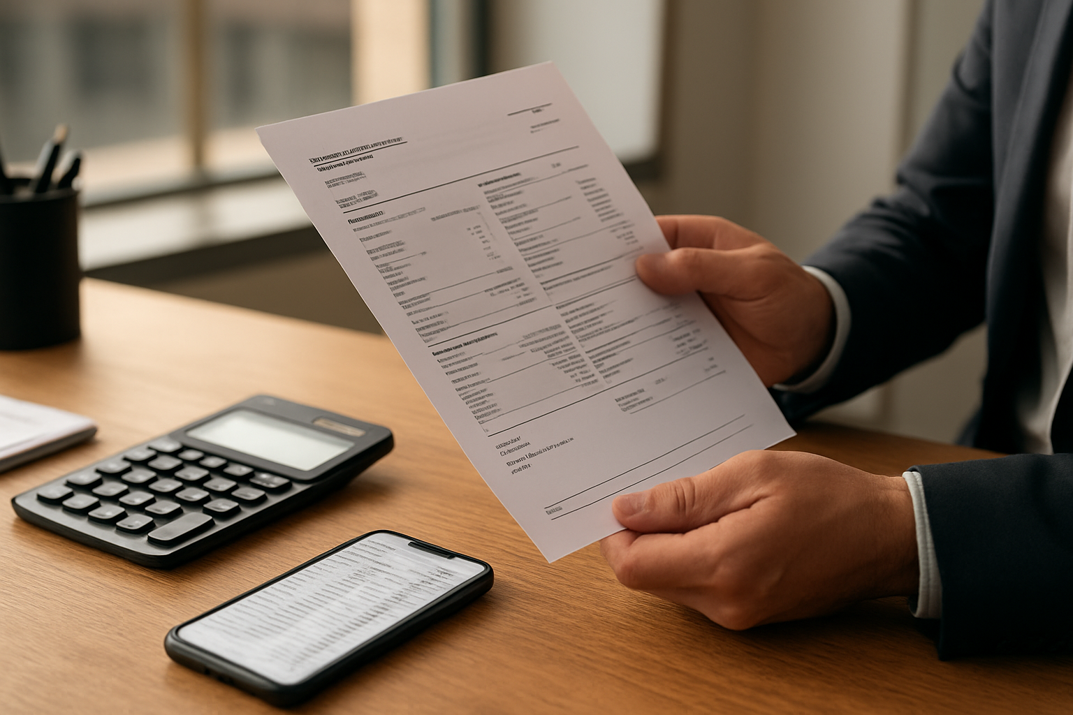 Bureau comptabilité en Suisse avec fiche de paie et calculatrice, lumière naturelle, plan rapproché