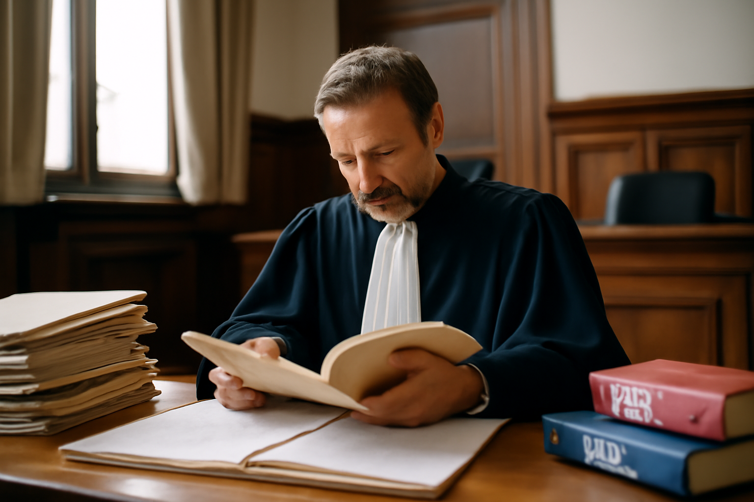 Intérieur d’un tribunal français, magistrat consultant un dossier, lumière naturelle, ambiance institutionnelle