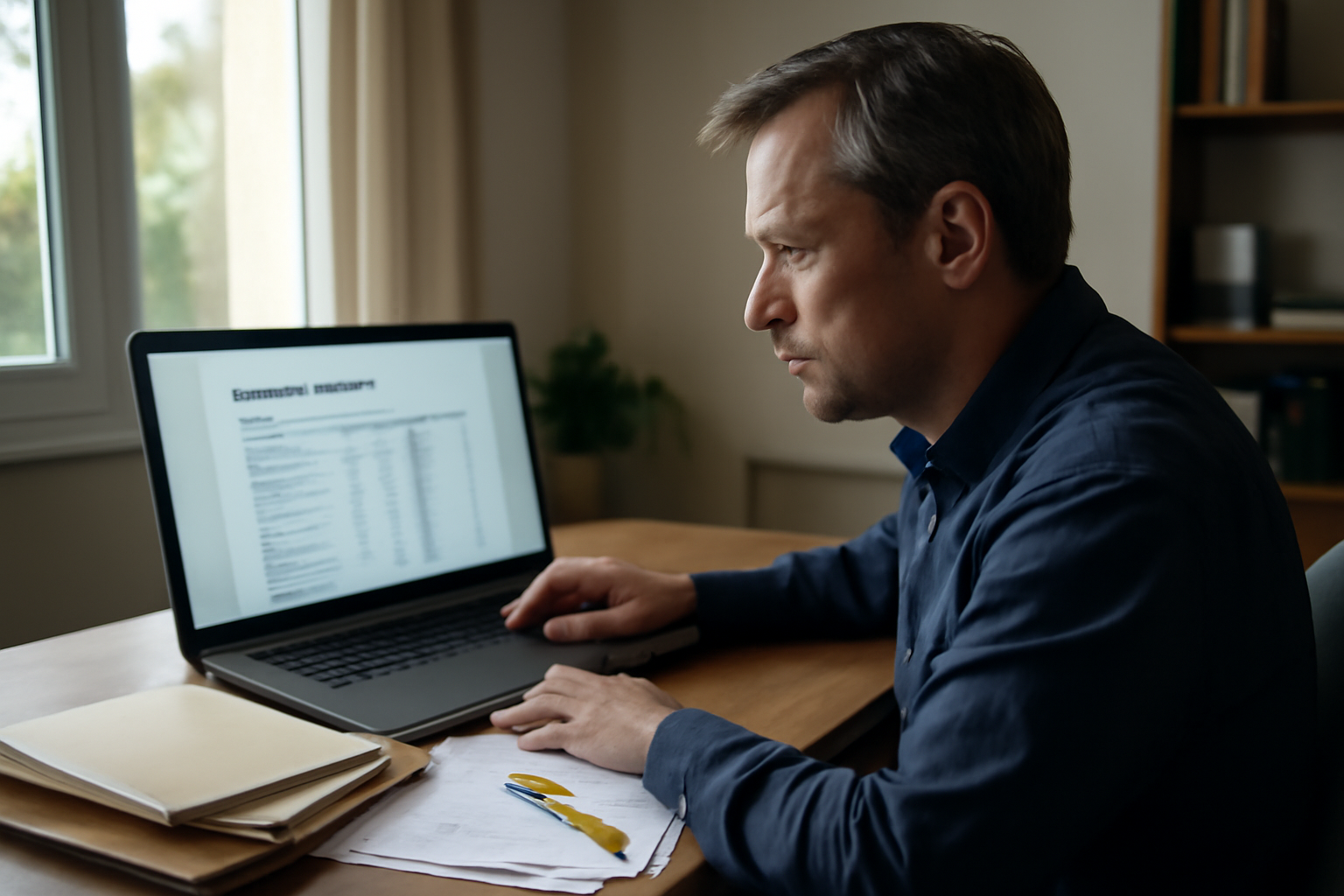 Personne consultant un ordinateur avec le relevé de carrière Info-retraite et des documents retraite sur table