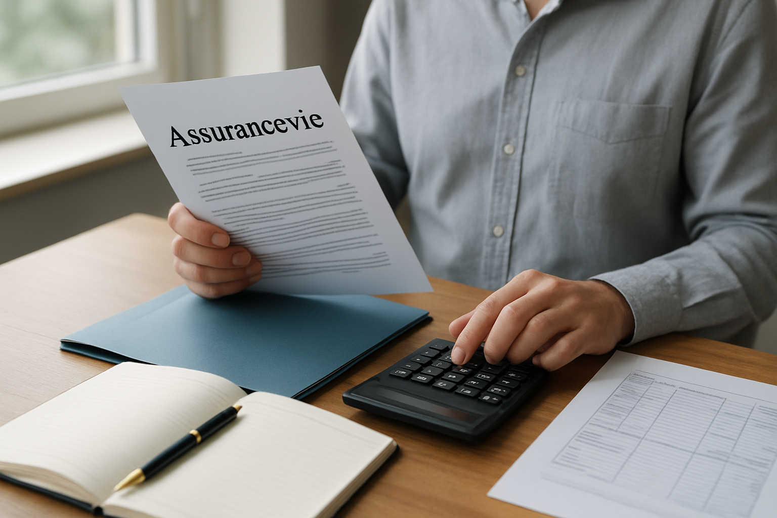 Personne consultant un contrat d’assurance vie sur une table avec documents et calculatrice, lumière naturelle, ambiance bureau