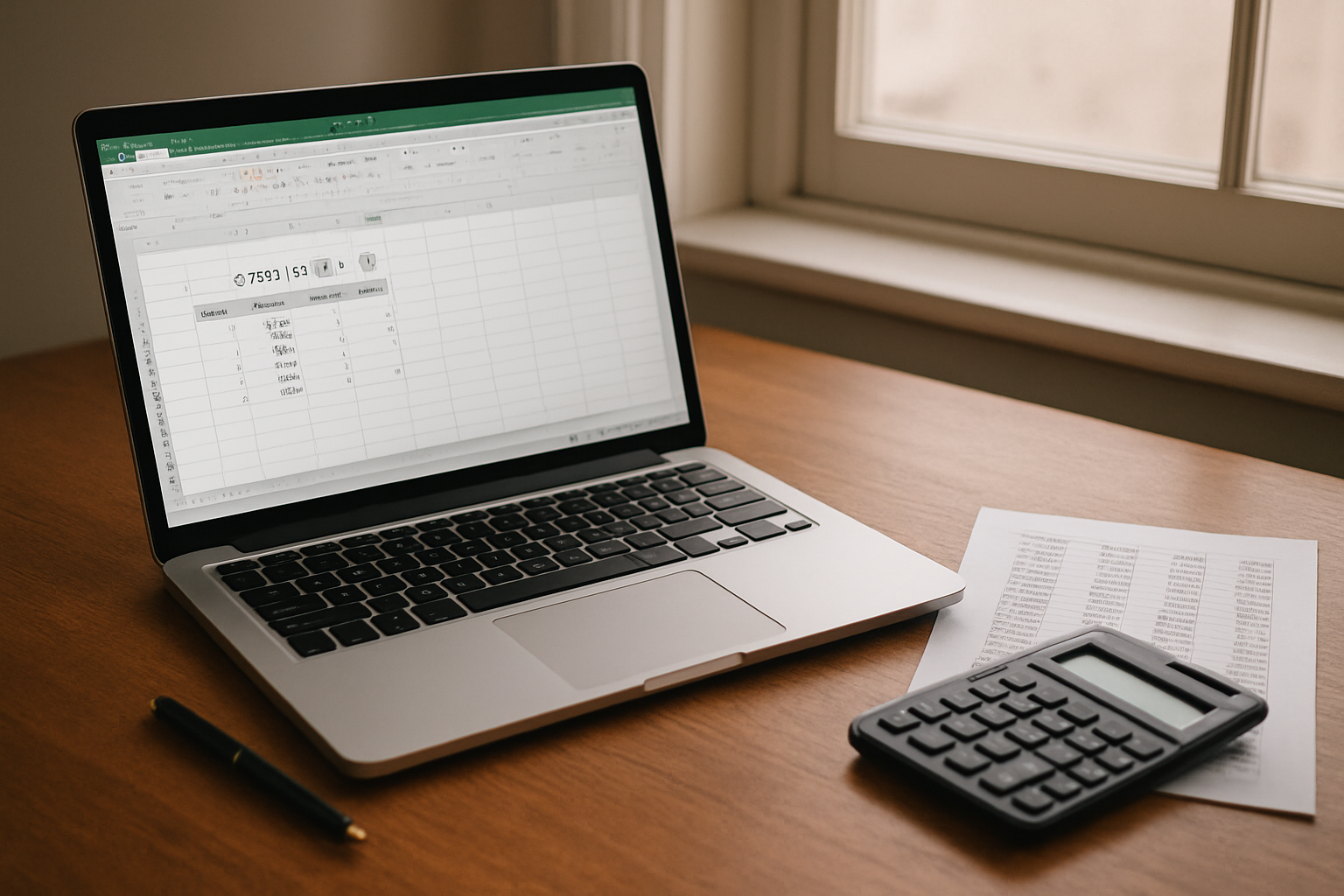 Calcul du CAGR sur un ordinateur portable avec un tableau Excel et un stylo sur un bureau