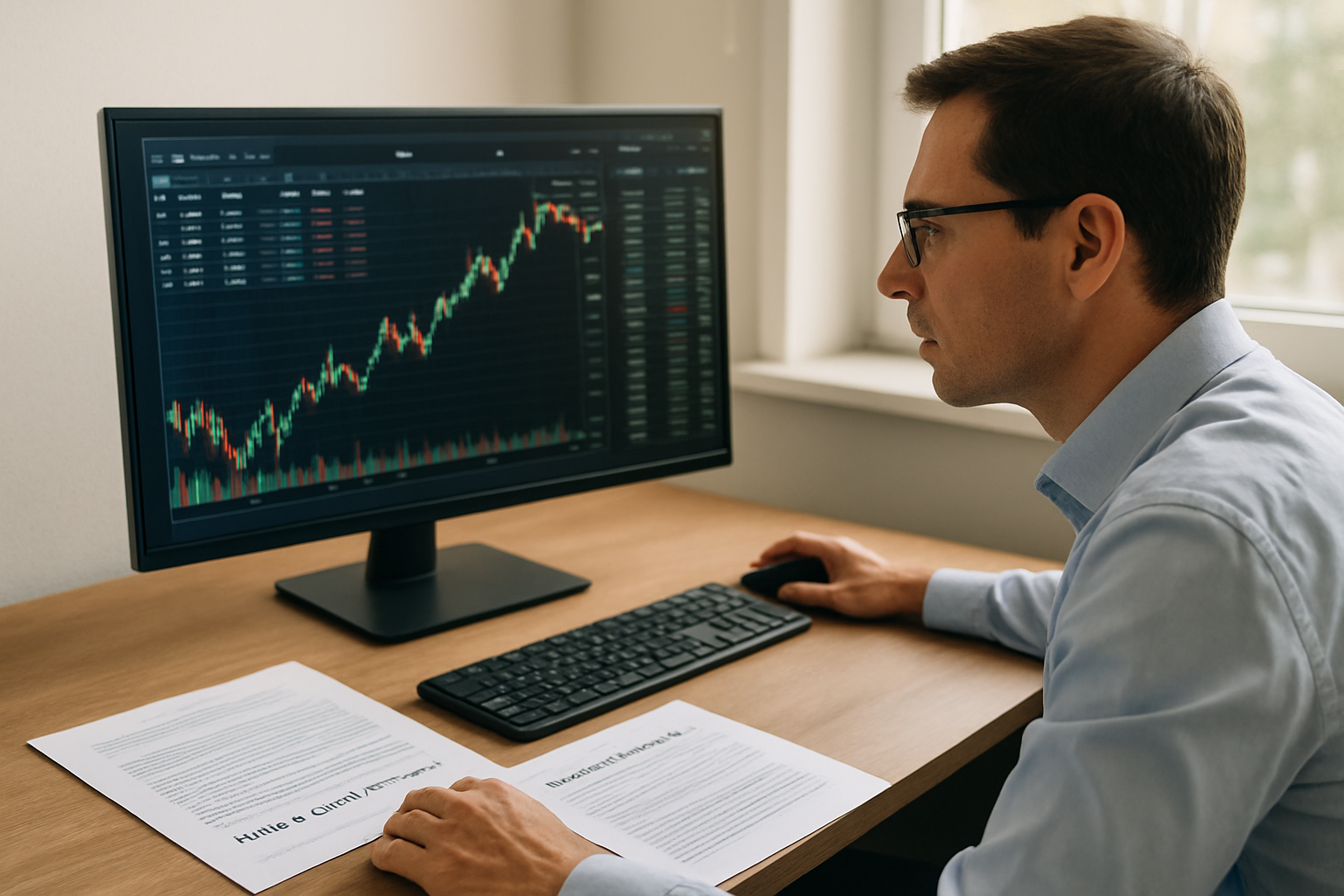 Personne consultant une plateforme de trading sur ordinateur, avec documents légaux et relevé de frais à côté