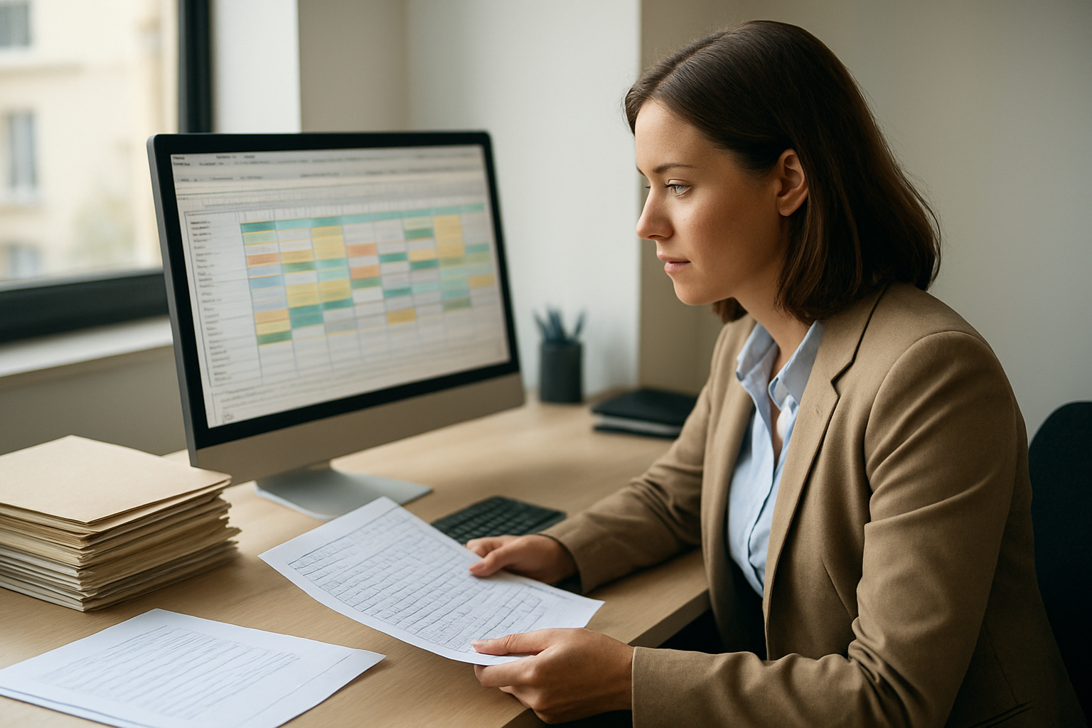 Calcul du repos compensateur sur un ordinateur au bureau, documents RH et planning des horaires