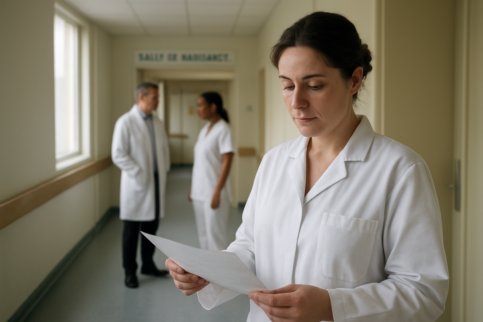 Salle de naissance avec une sage-femme en blouse discutant avec une équipe, lumière naturelle, ambiance hôpital en France