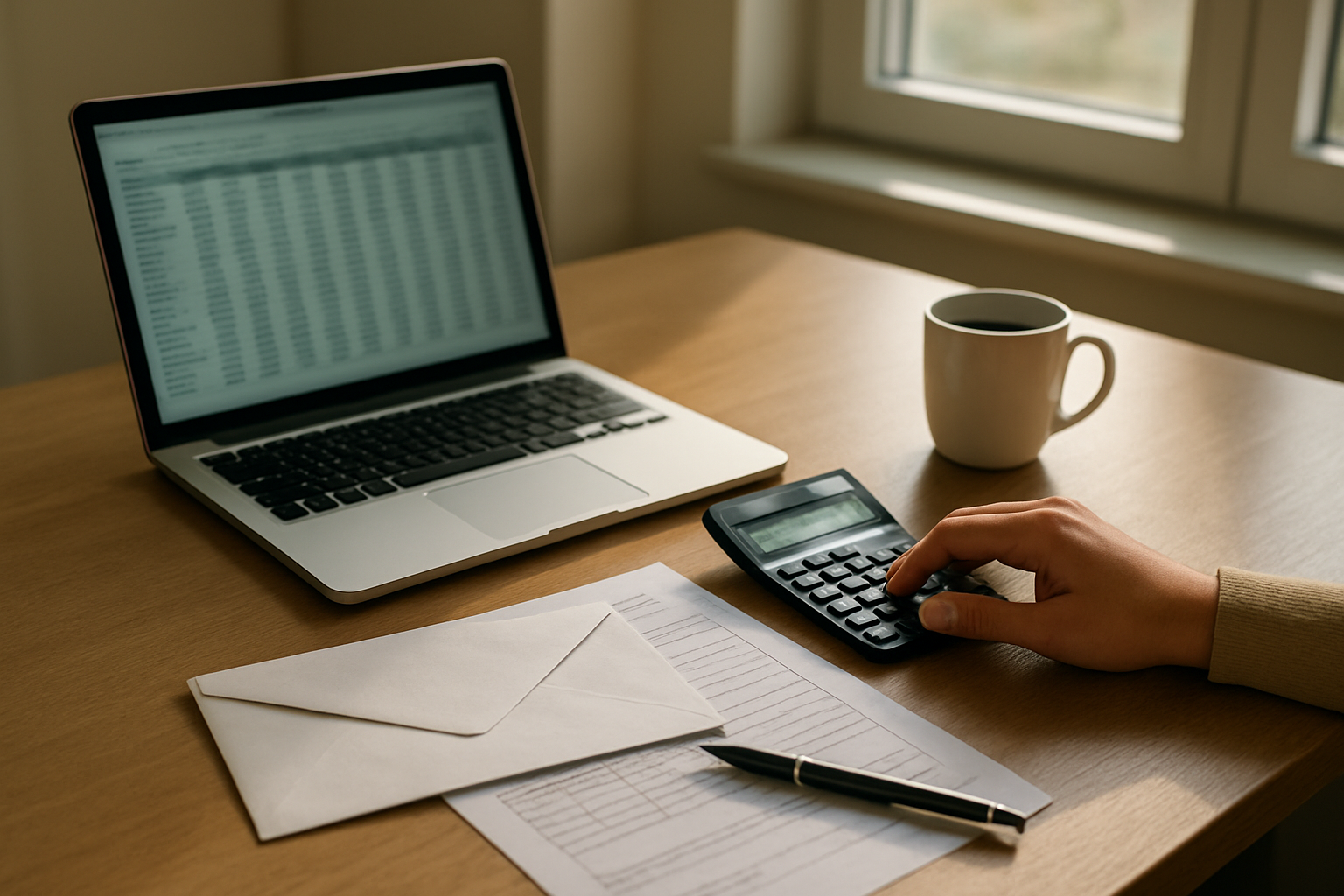 Calcul sur ordinateur portable avec tableau de simulation de revenus, calculatrice et documents de paie posés sur une table, ambiance bureau, lumière naturelle